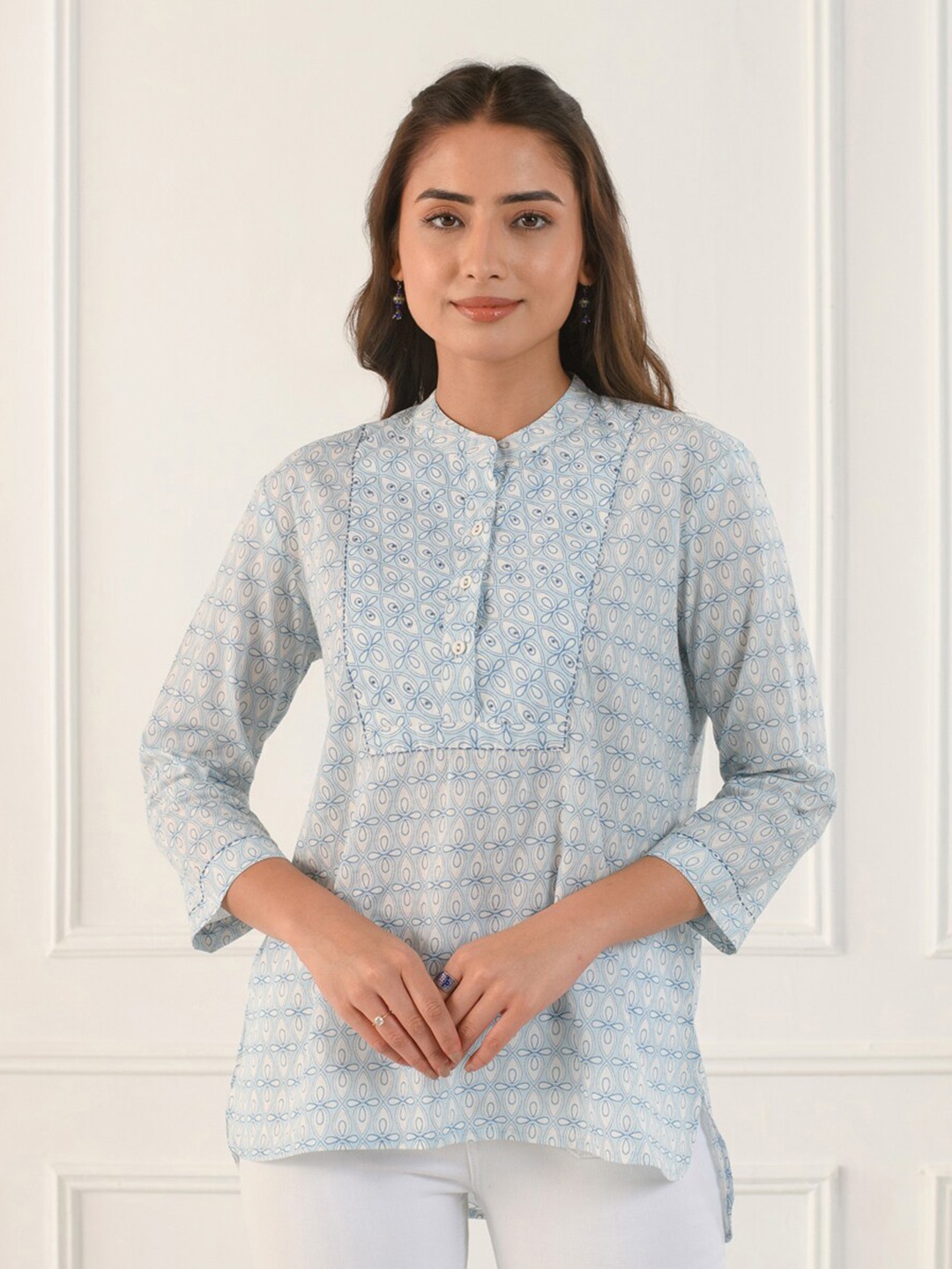 

Prakriti Jaipur Ethnic Motifs Mandarin Collar Pure Cotton A-Line Kurti, White