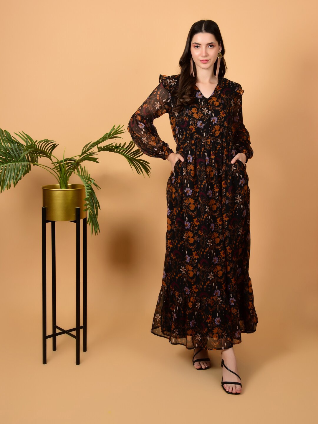 

FLAWLESS Floral Printed Puff Sleeves Ruffles Chiffon Fit & Flared Maxi Dress, Brown