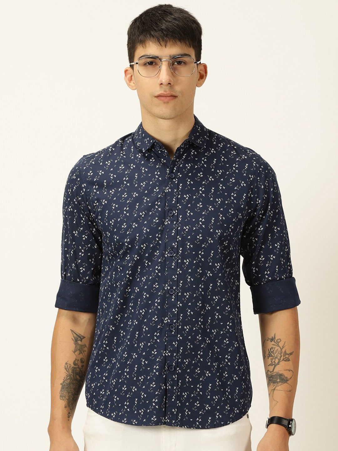 

Mast & Harbour Classic Slim Fit Floral Opaque Printed Casual Shirt, Navy blue