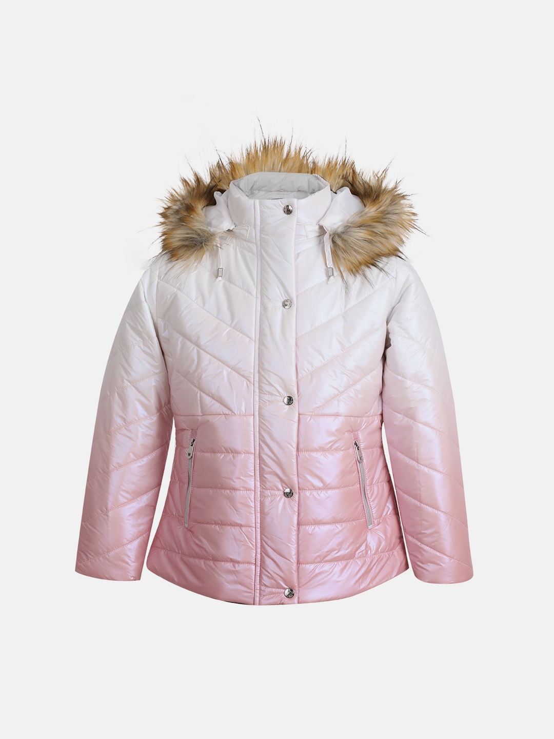

CHKOKKO Girls Colourblocked Hooded Puffer Jacket With Faux Fur Trim, Pink