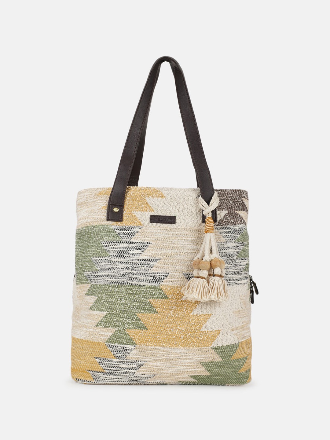 

Maisha Geometric Self Design Jacquard Fabric Shoulder Bag With Tasselled, Beige