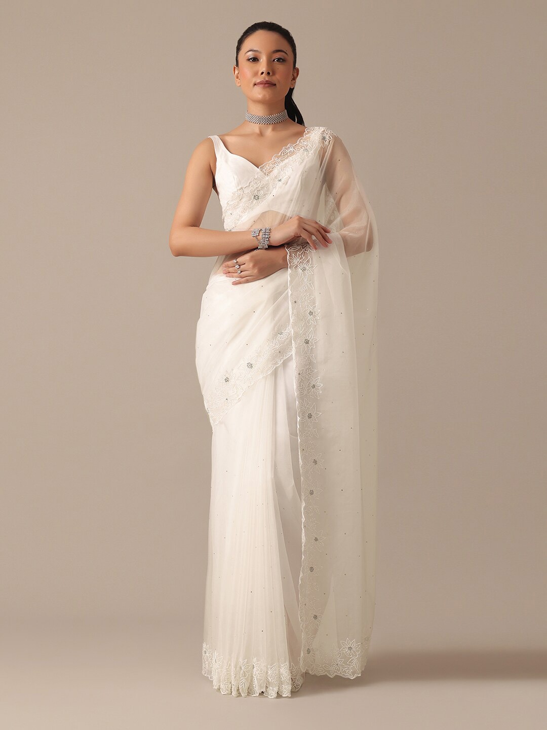 

KALKI Fashion Embellished Beads and Stones Organza Saree With Cutdana Work, White