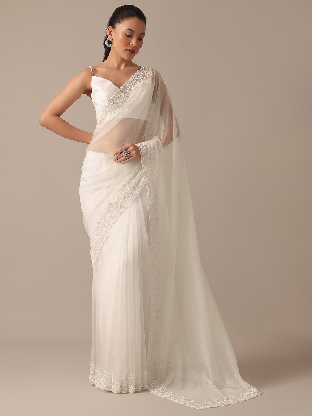 

KALKI Fashion Embellished Beads and Stones Organza Saree, White