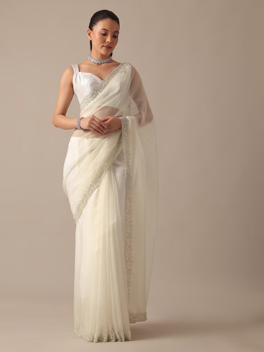 

KALKI Fashion Embroidered Sequinned Organza Saree, White