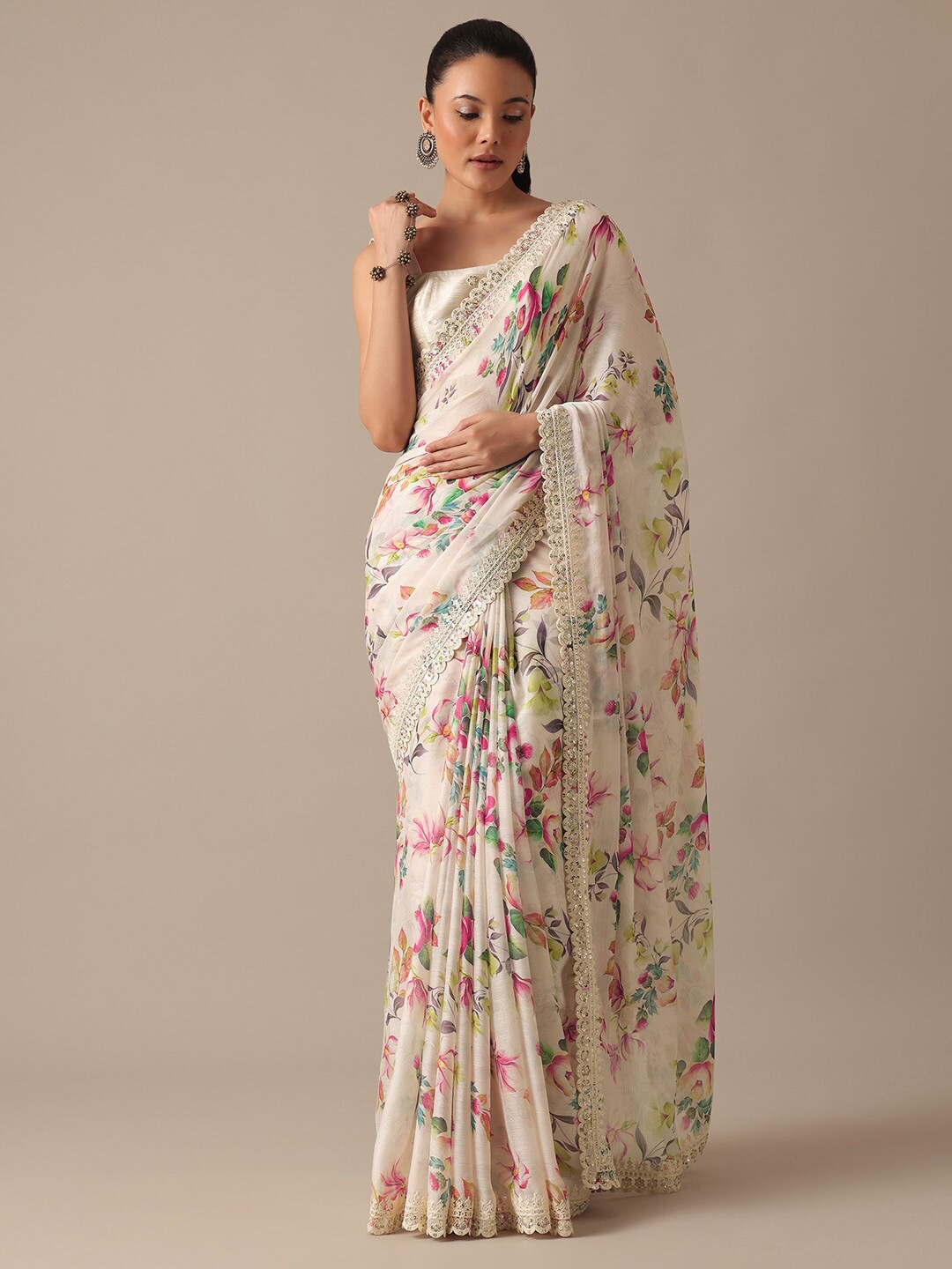 

KALKI Fashion Floral Printed Embroidered Saree, White