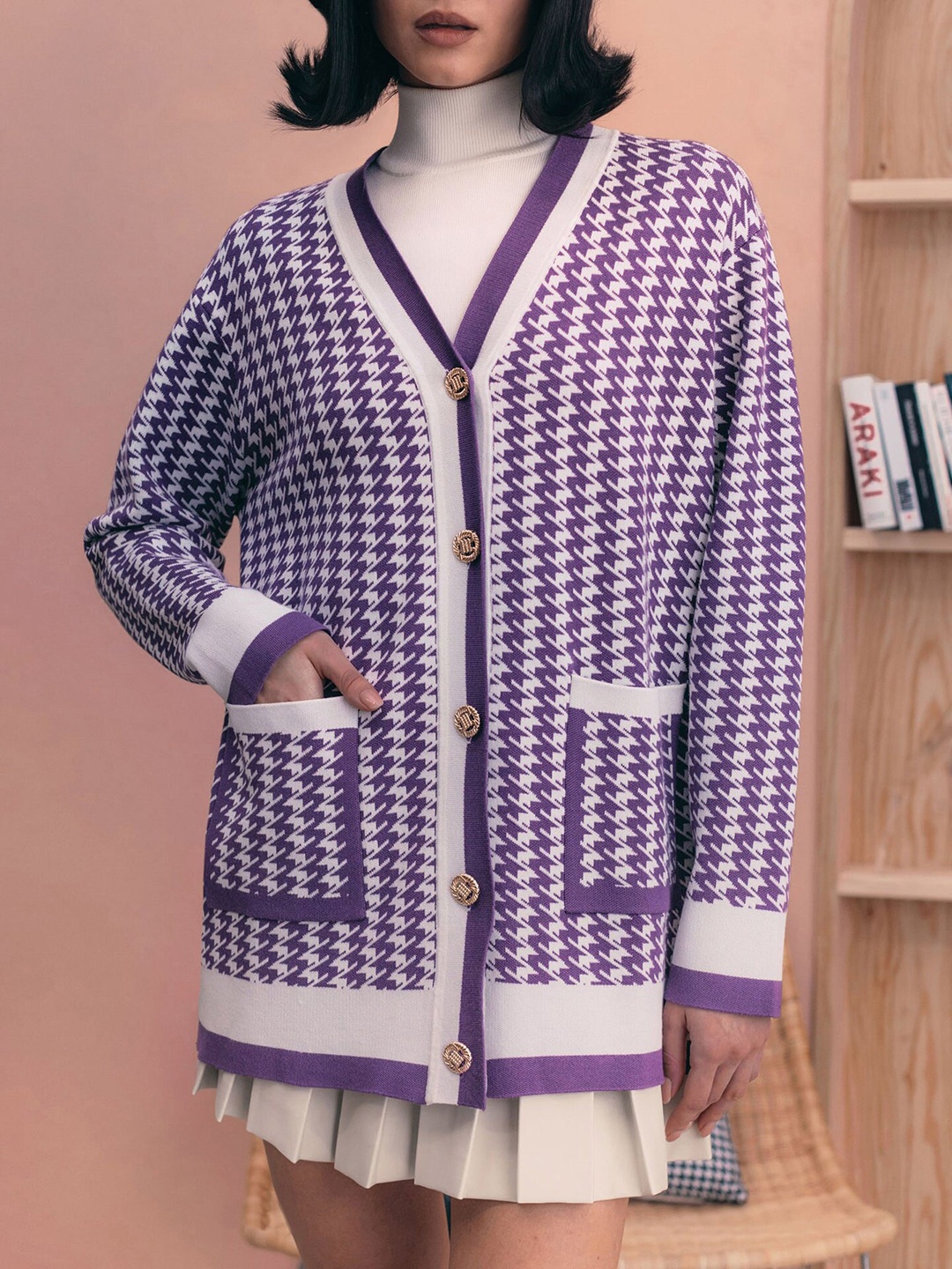 

LULU & SKY Geometric Self Design Cardigan Sweater, Purple
