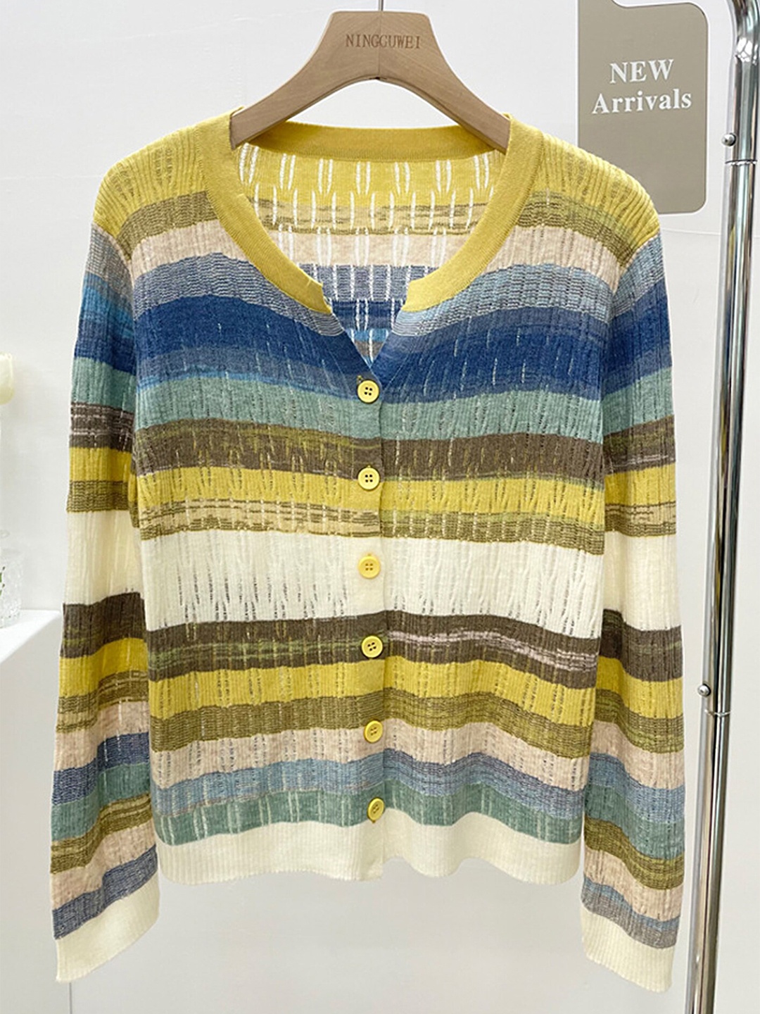 

LULU & SKY Striped Round Neck Cardigan, Yellow