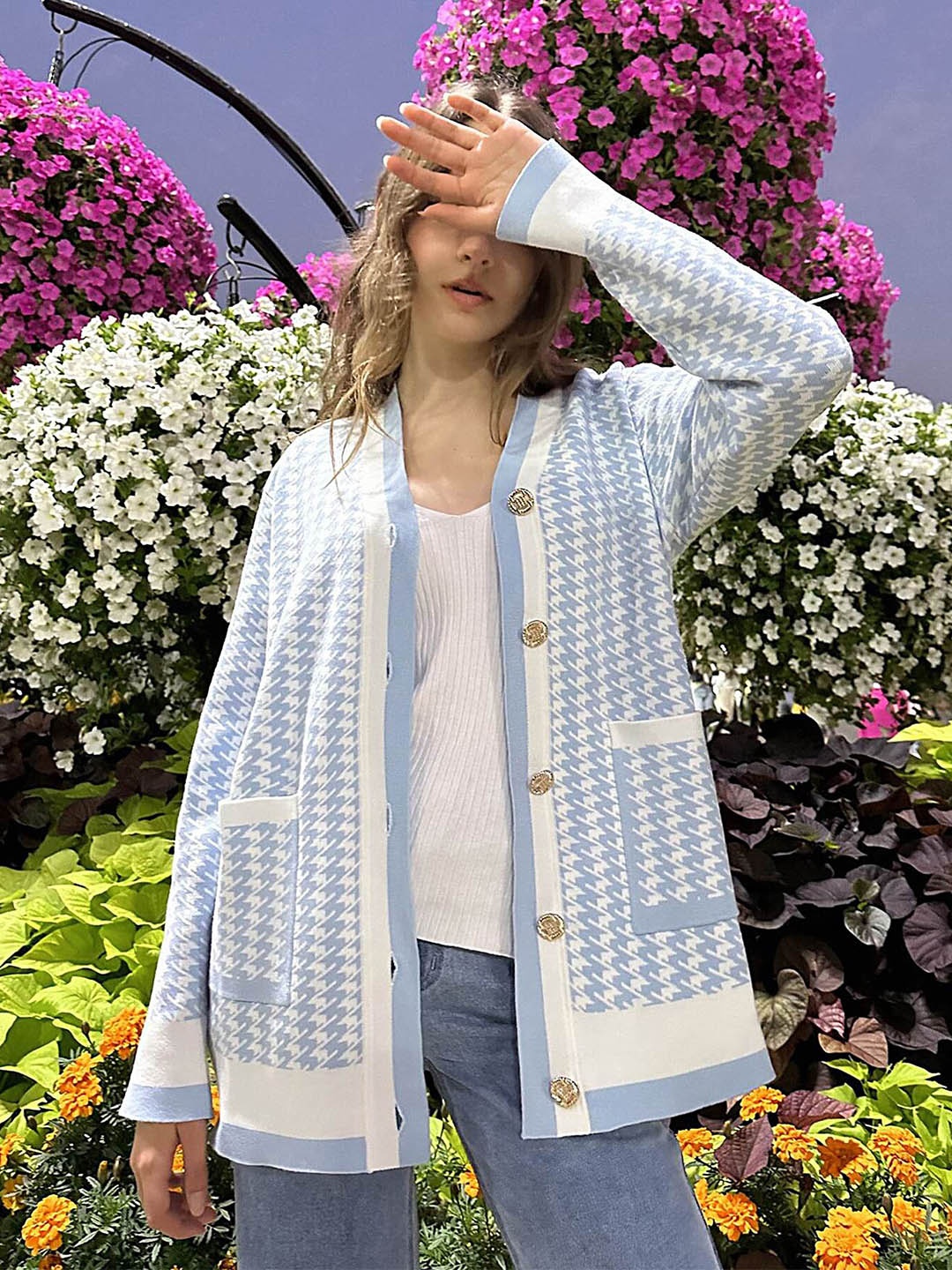 

LULU & SKY Geometric Printed V-Neck Cardigan Sweater, Blue
