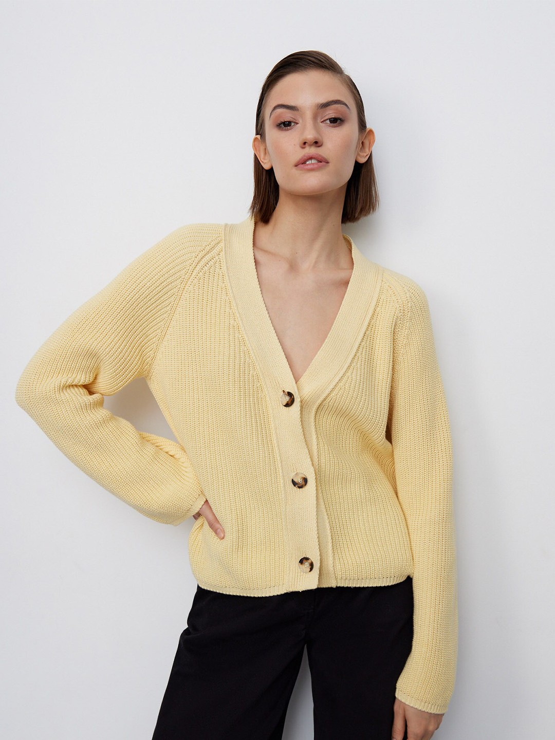 

LULU & SKY Ribbed V-Neck Knitted Cardigan, Yellow