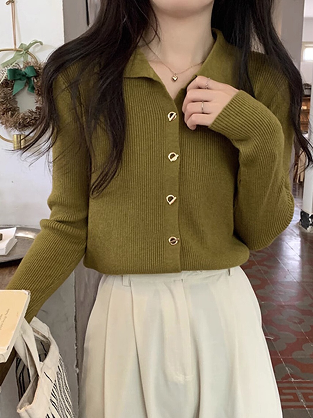 

LULU & SKY Ribbed Shawl Collar Cardigan, Green