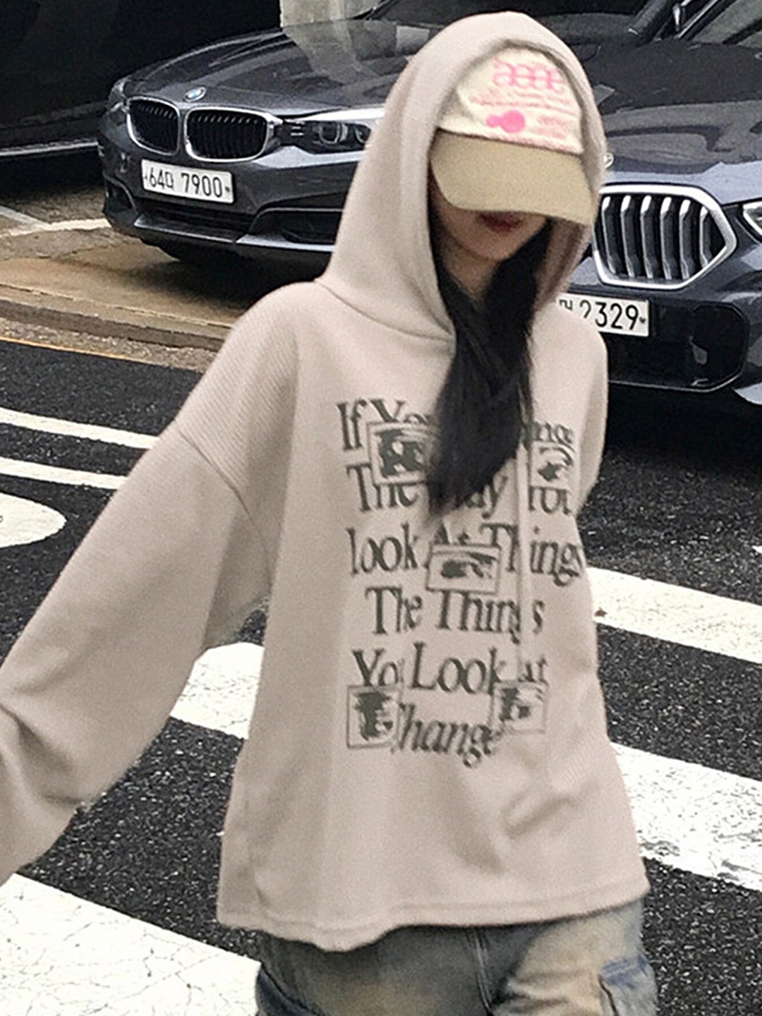 

LULU & SKY Typography Printed Hooded Drop-Shoulder Pullover Sweater, Brown