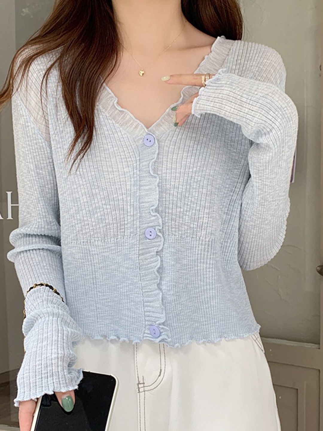 

LULU & SKY V-Neck Ribbed Cardigan, Blue