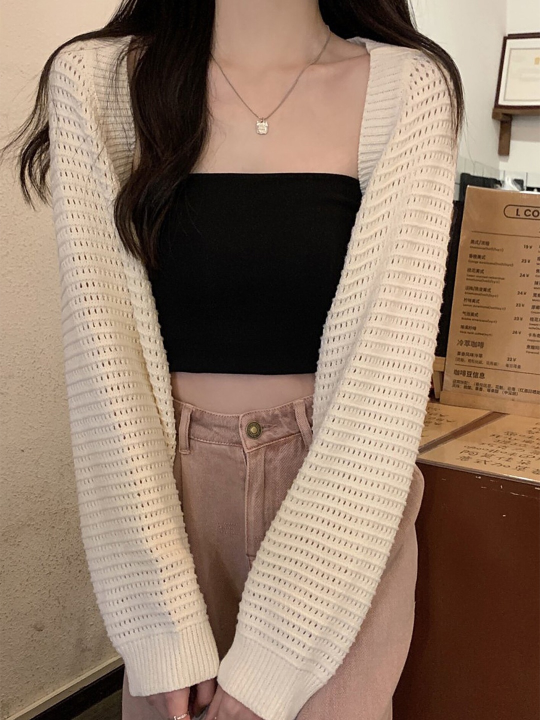 

LULU & SKY Open Knit Self Design Front-Open Cropped Sweater, Beige