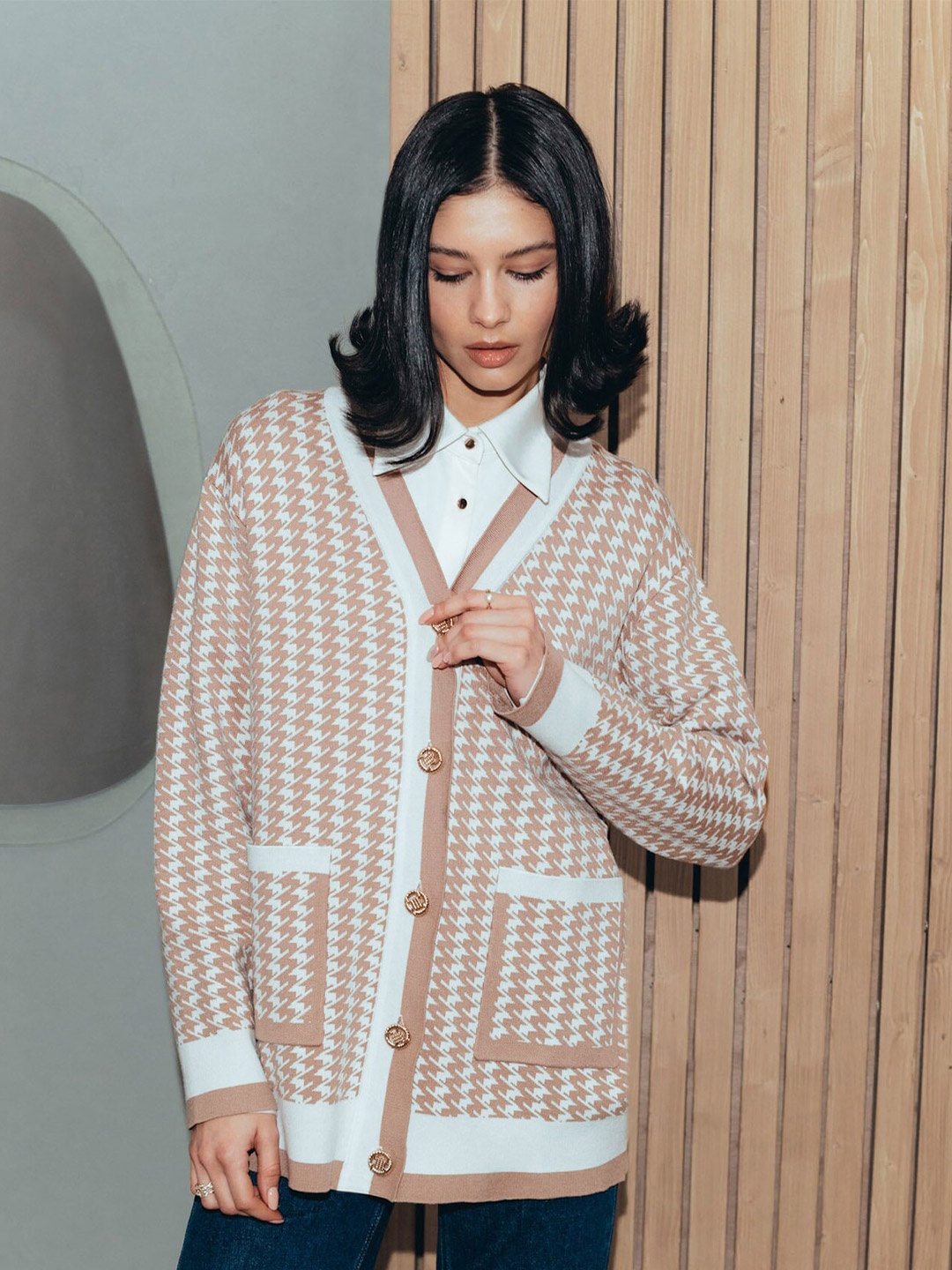 

LULU & SKY Geometric Printed Cardigan, Beige