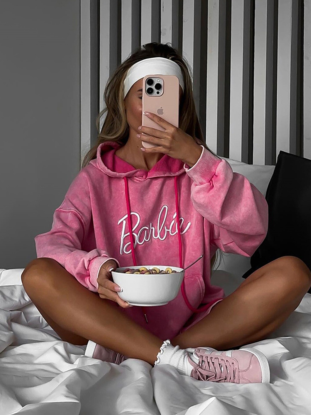 

LULU & SKY Women Pink Embroidered Hooded Sweatshirt