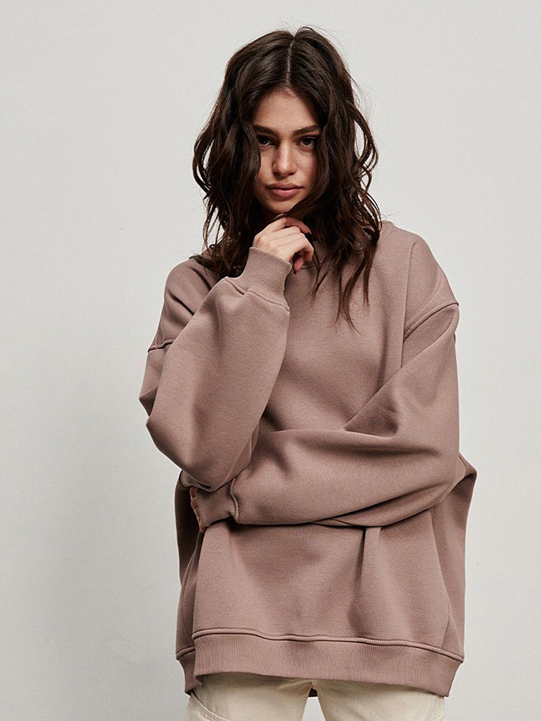 

LULU & SKY Round Neck Oversized Pullover Sweatshirt, Brown