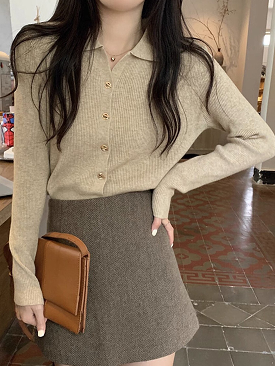 

LULU & SKY Shirt Collar Ribbed Cardigan, Beige