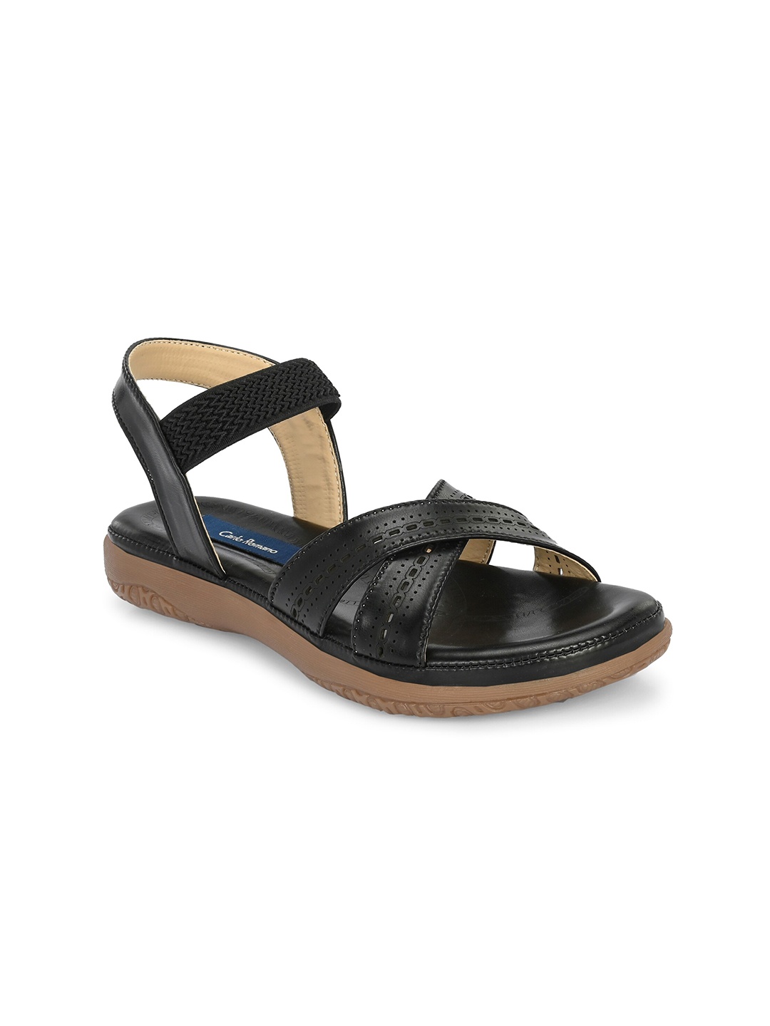 

CARLO ROMANO Textured Cross Strap Open Toe Flats With Laser Cuts & Backstrap, Black