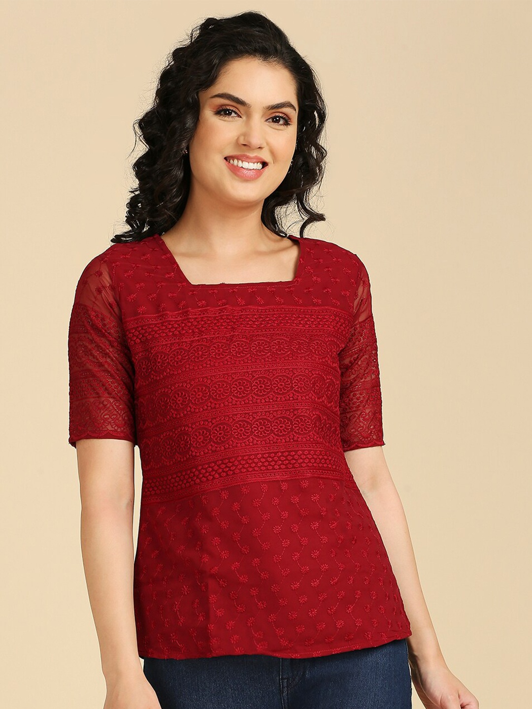 

GUFRINA Ethnic Motif Embroidered Square Neck Top, Red