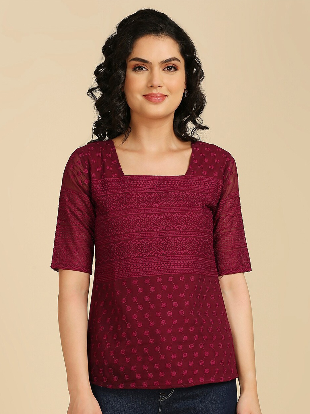 

GUFRINA Floral Embroidered Square Neck Georgette Top, Burgundy