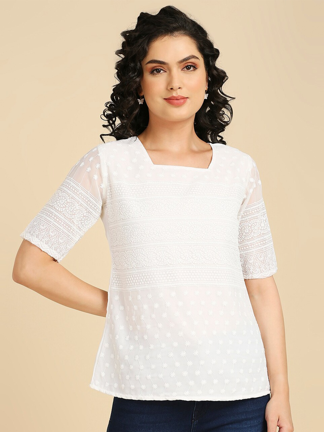 

GUFRINA Floral Embroidered Square Neck Georgette Top, White