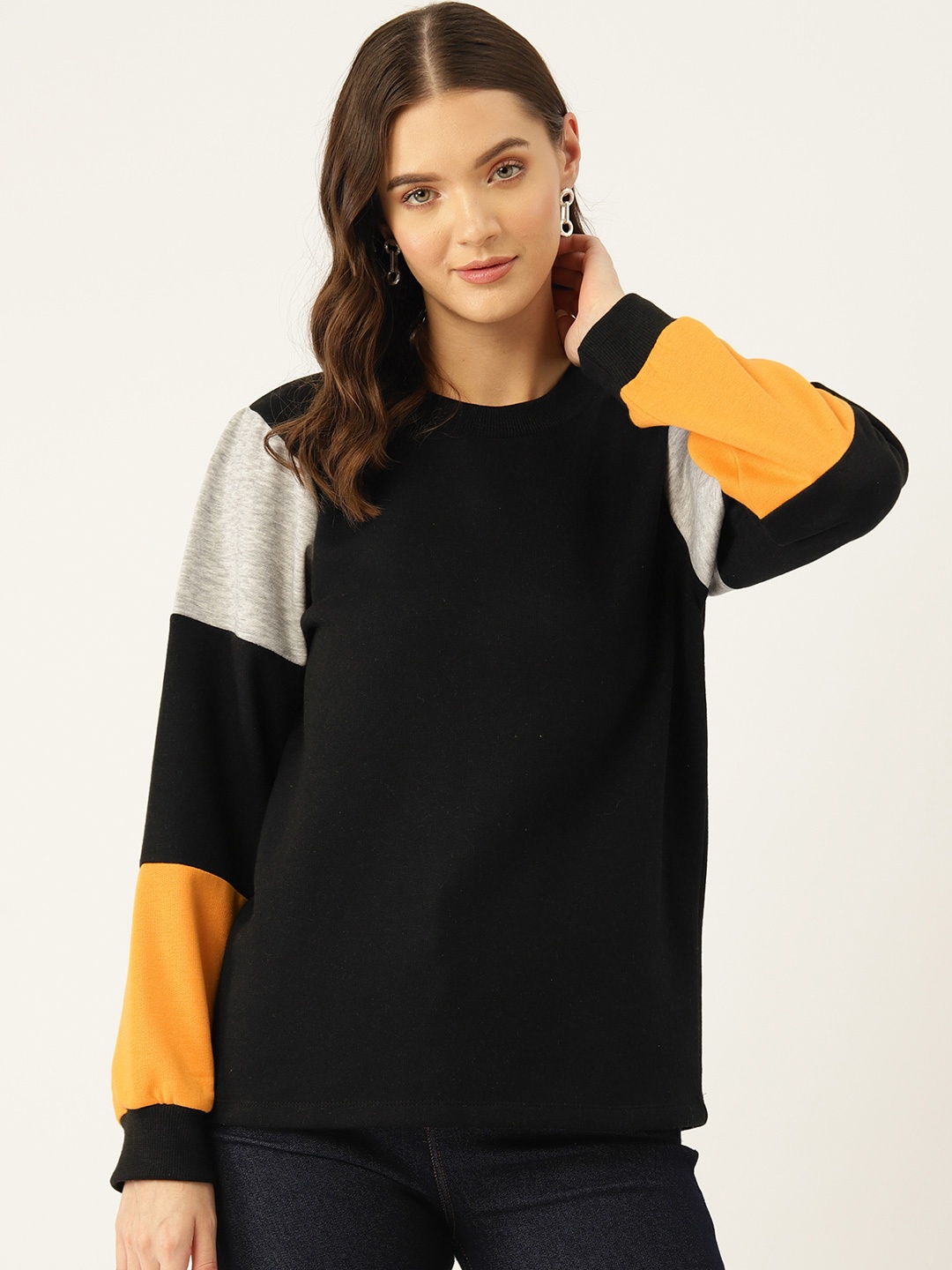 

Rue Collection Women Colourblocked Pullover Sweatshirt, Black