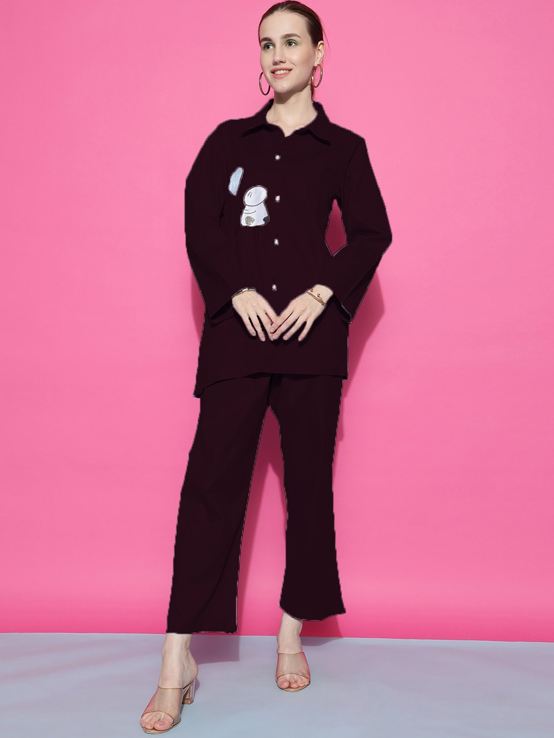 

Ziva Fashion Sequinned Embellished Satin Shirt With Trousers, Purple