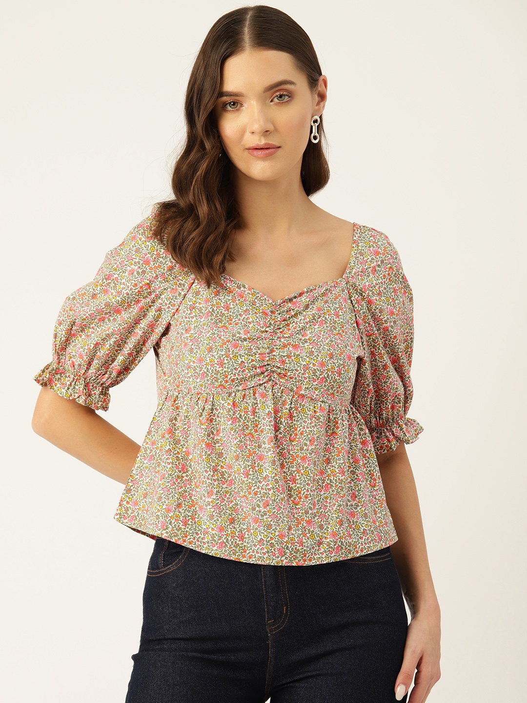 

Rue Collection Floral Print Sweetheart Neck Puff Sleeve Cotton Top, Multi