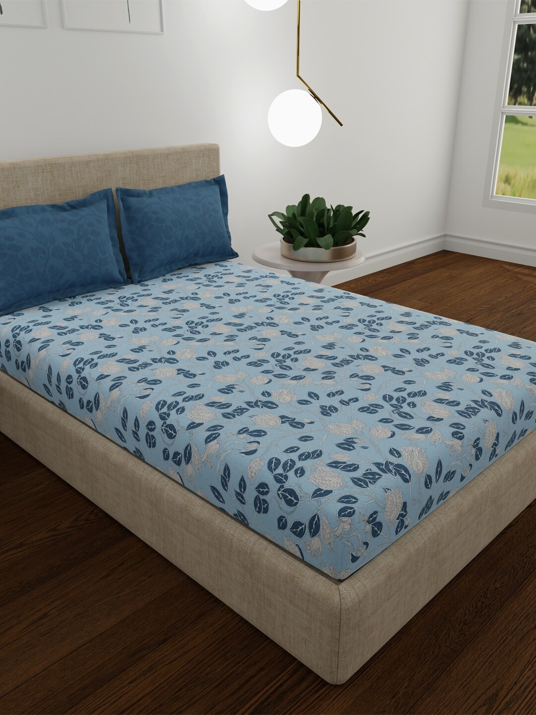 

MYTRIDENT Deco Dawn Navy UTSAV Flat 120TC Queen Cotton Bedsheet Set, Blue