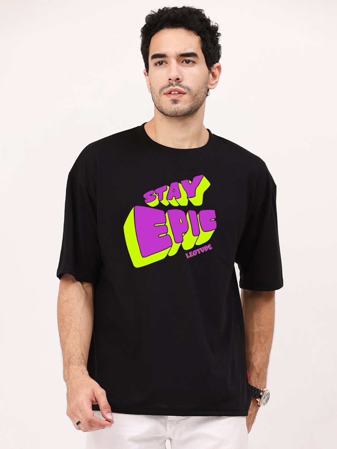 

Leotude Typography Printed Cotton T-shirt, Black