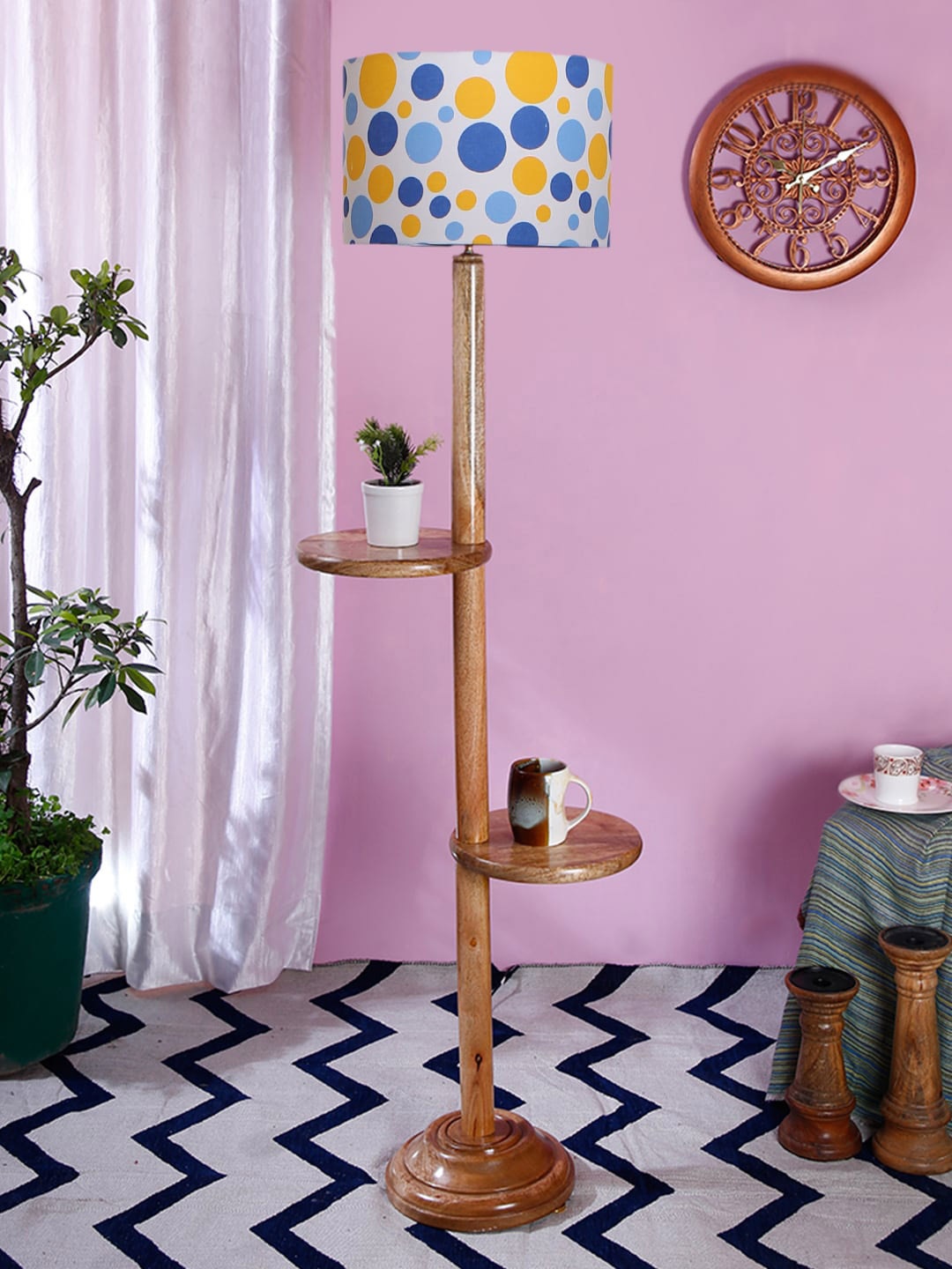 

Devansh White Cotton & Wooden Printed Drum Floor Lamp