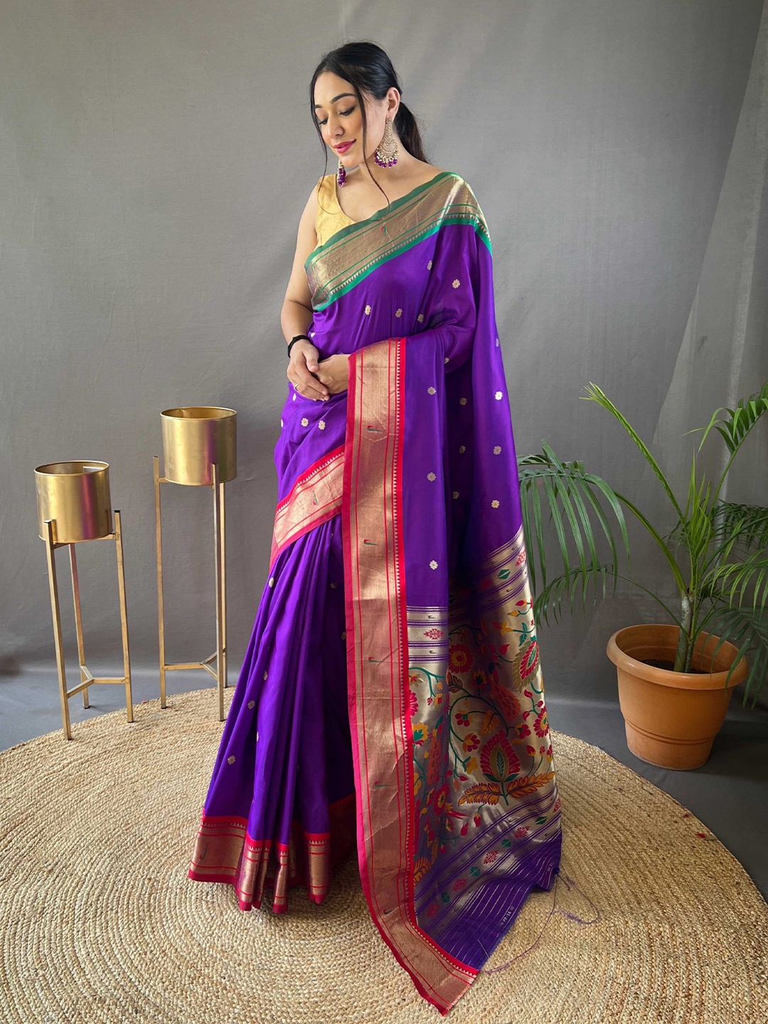 

Mitera Purple & Red Ethnic Motifs Woven Designed Zari Paithani Saree