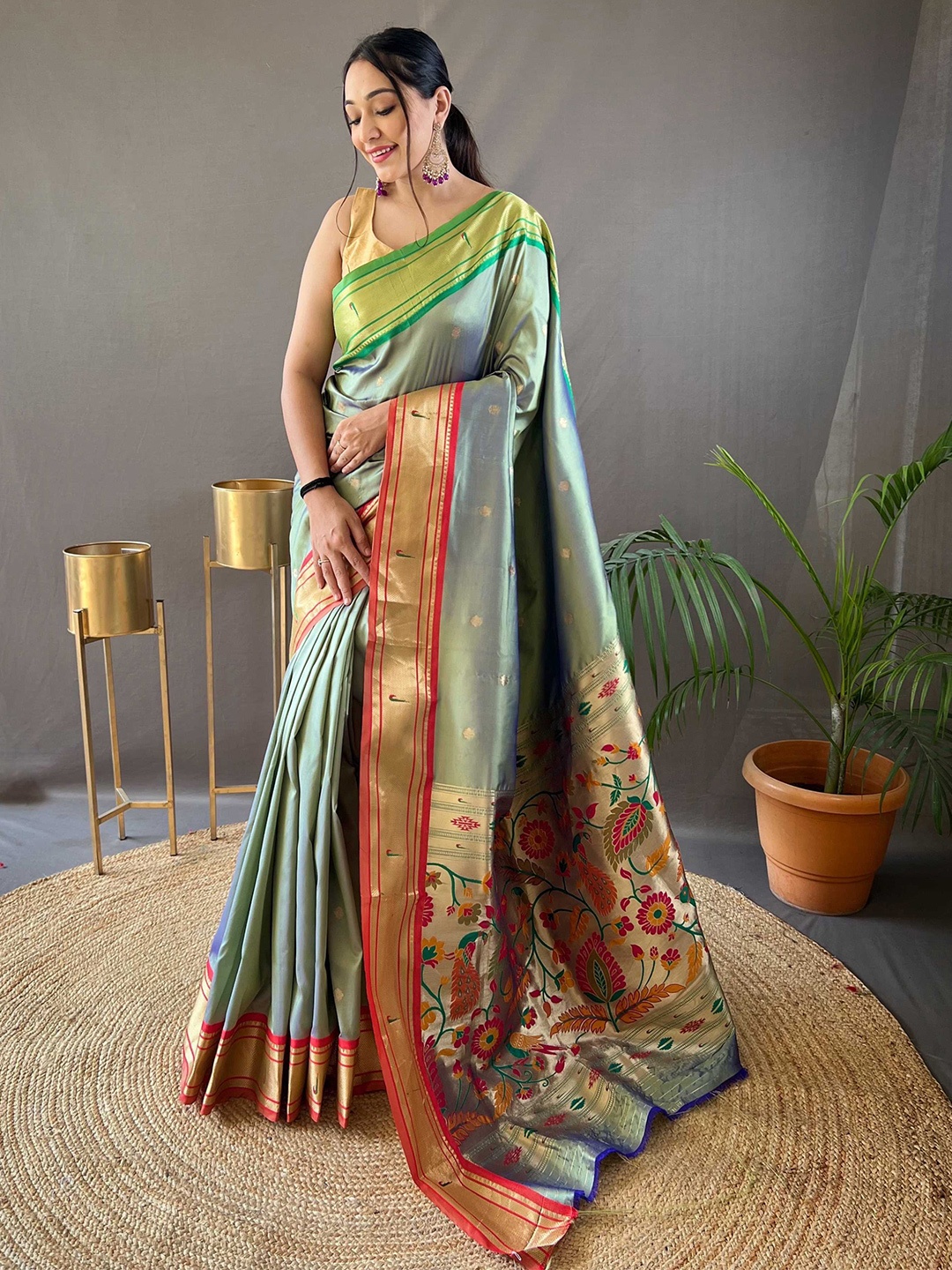 

Mitera Green & Red Ethnic Motifs Woven Design Zari Paithani Saree