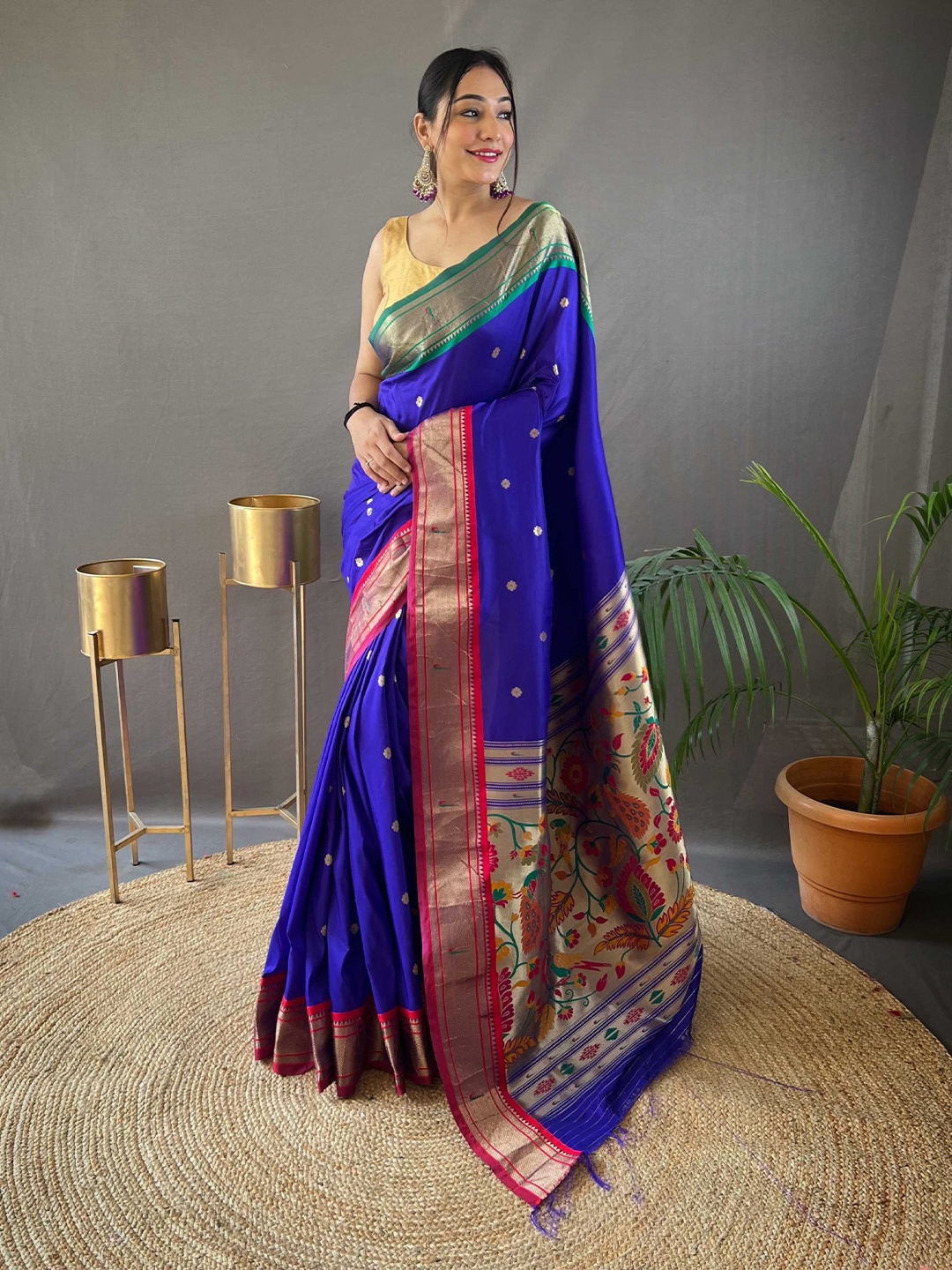

Mitera Blue & Red Ethnic Motifs Woven Designed Zari Paithani Saree