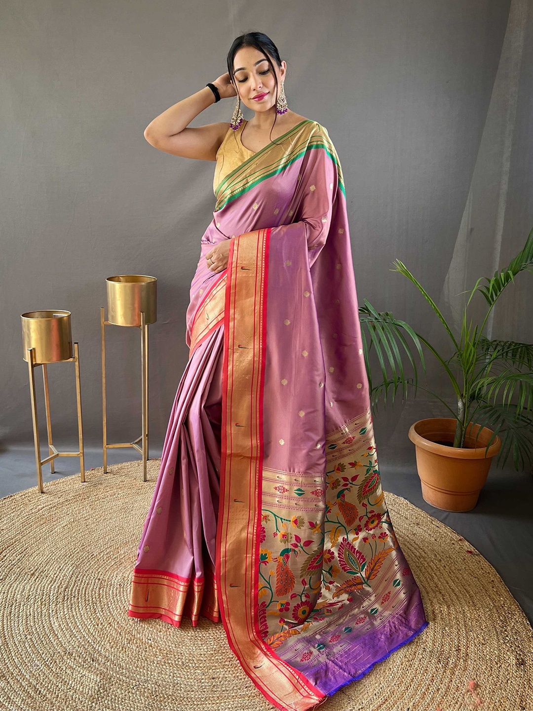 

Mitera Pink & Green Ethnic Motifs Woven Designed Zari Paithani Saree