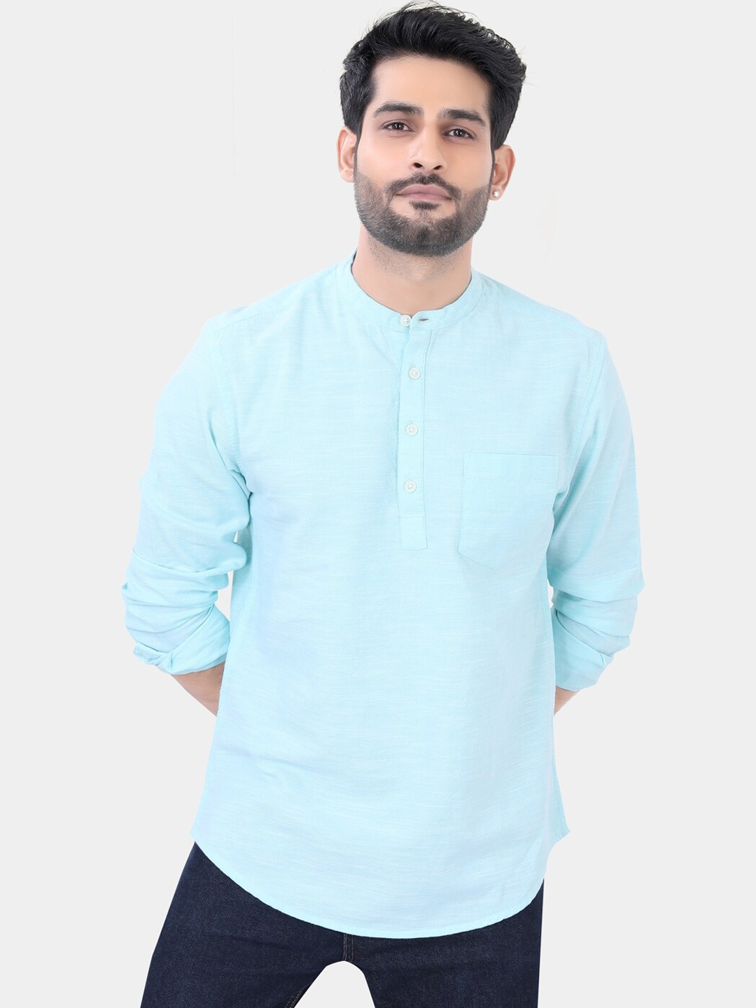 

VASTRADO Mandarin Collar Pure Cotton Straight Kurta, Blue