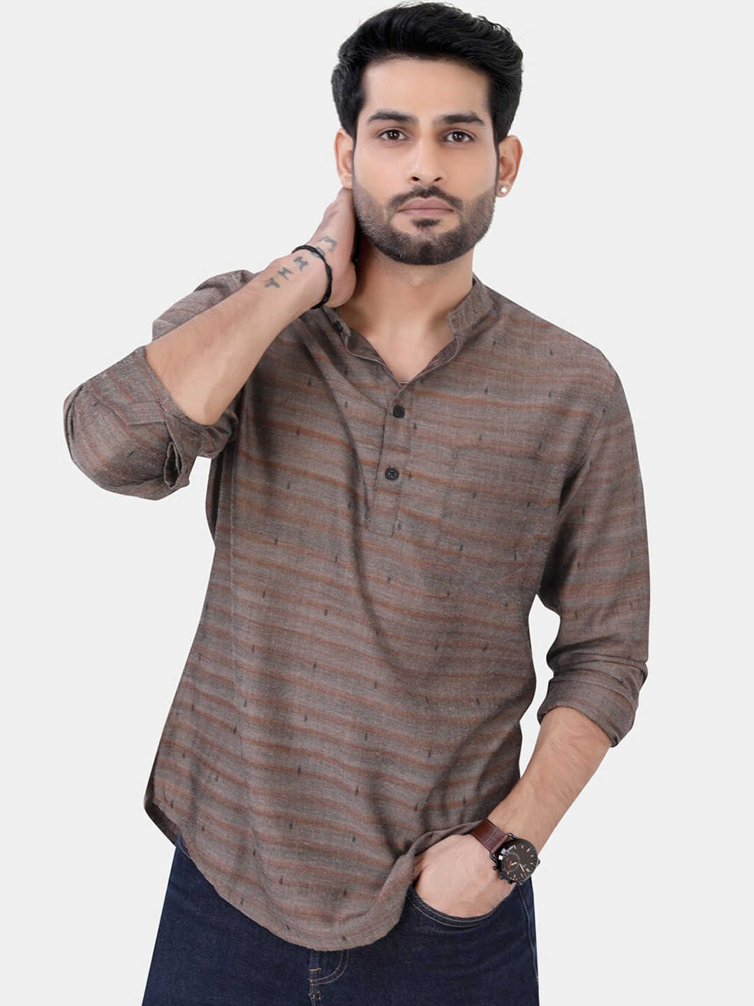 

VASTRADO Striped Dobby Pure Cotton Straight Kurta, Brown