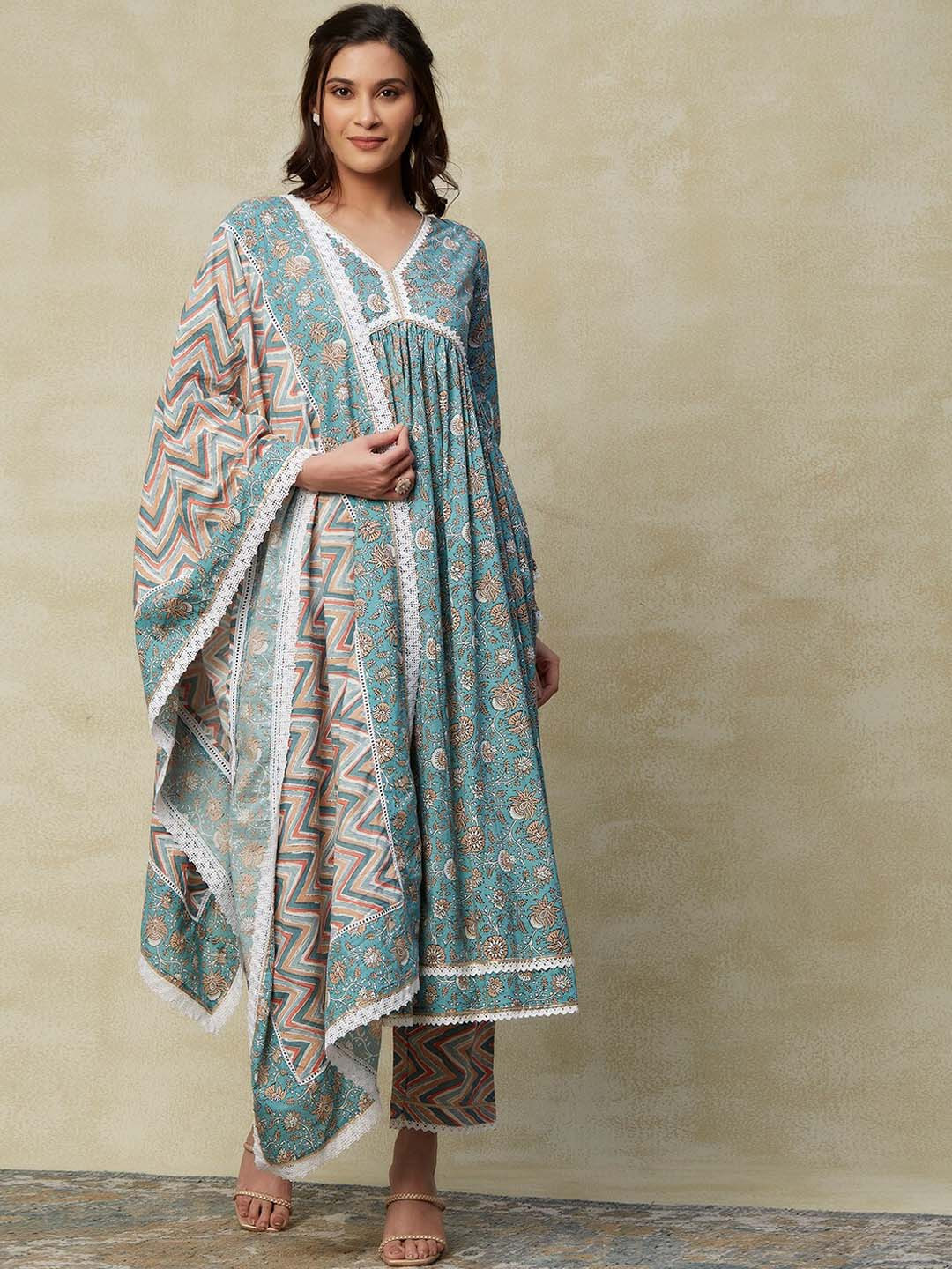 

FASHOR Ethnic Motif Printed Pleated Pure Cotton A-Line Kurta With Trousers & Dupatta, Blue