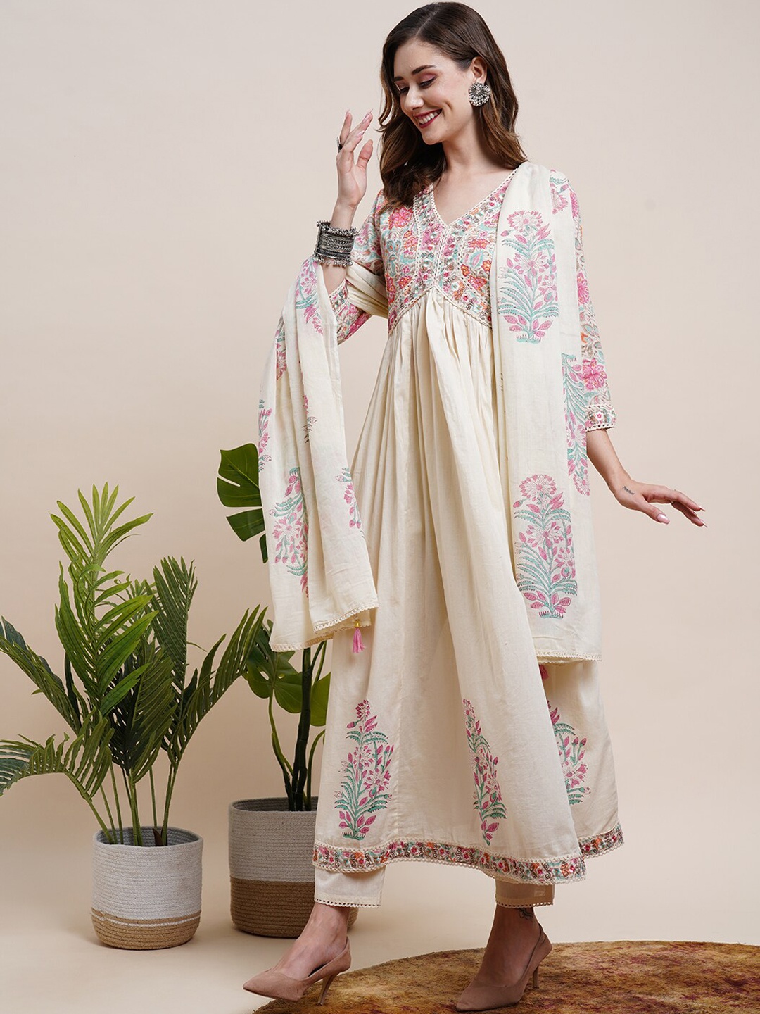 

FASHOR Floral Printed Sequinned Pure Cotton A-line Kurta With Trousers & Dupatta, Cream