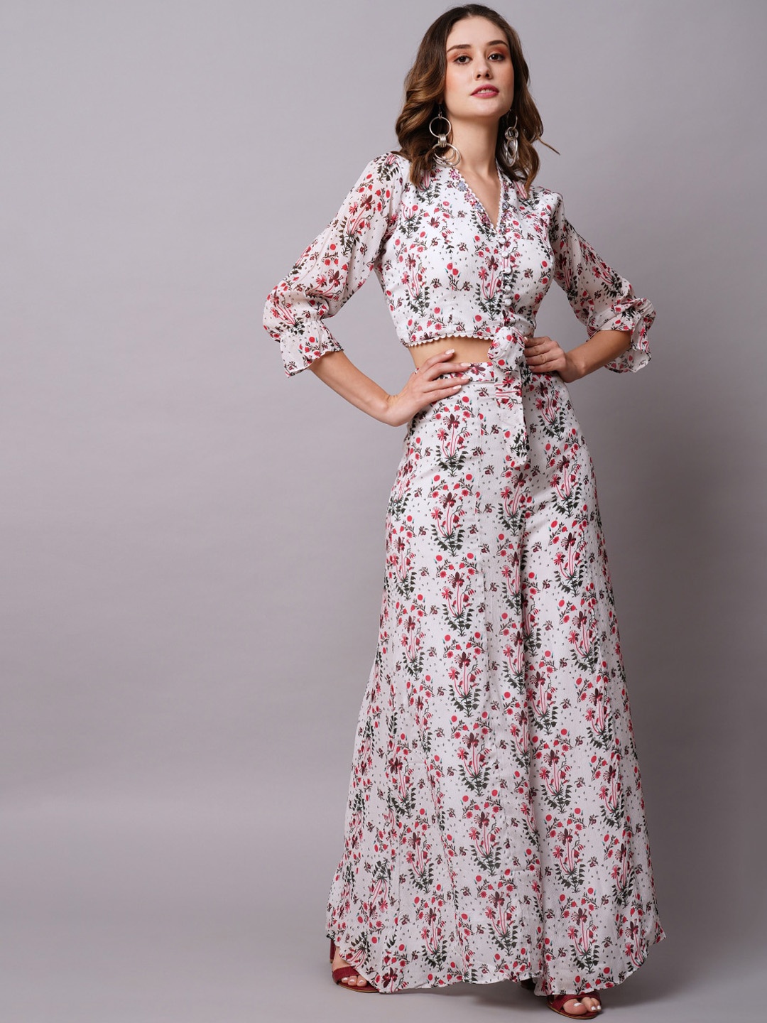 

FASHOR Printed V-Neck Ethnic Top With Palazzo, White