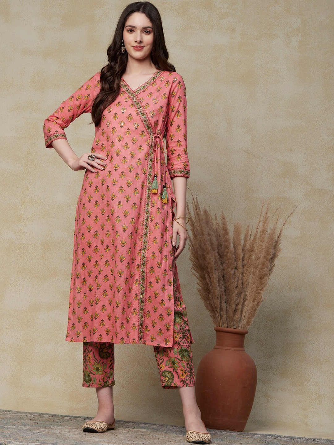 

FASHOR Pink Floral Printed V-Neck Angrakha Mirror Work Pure Cotton Kurta With Trousers