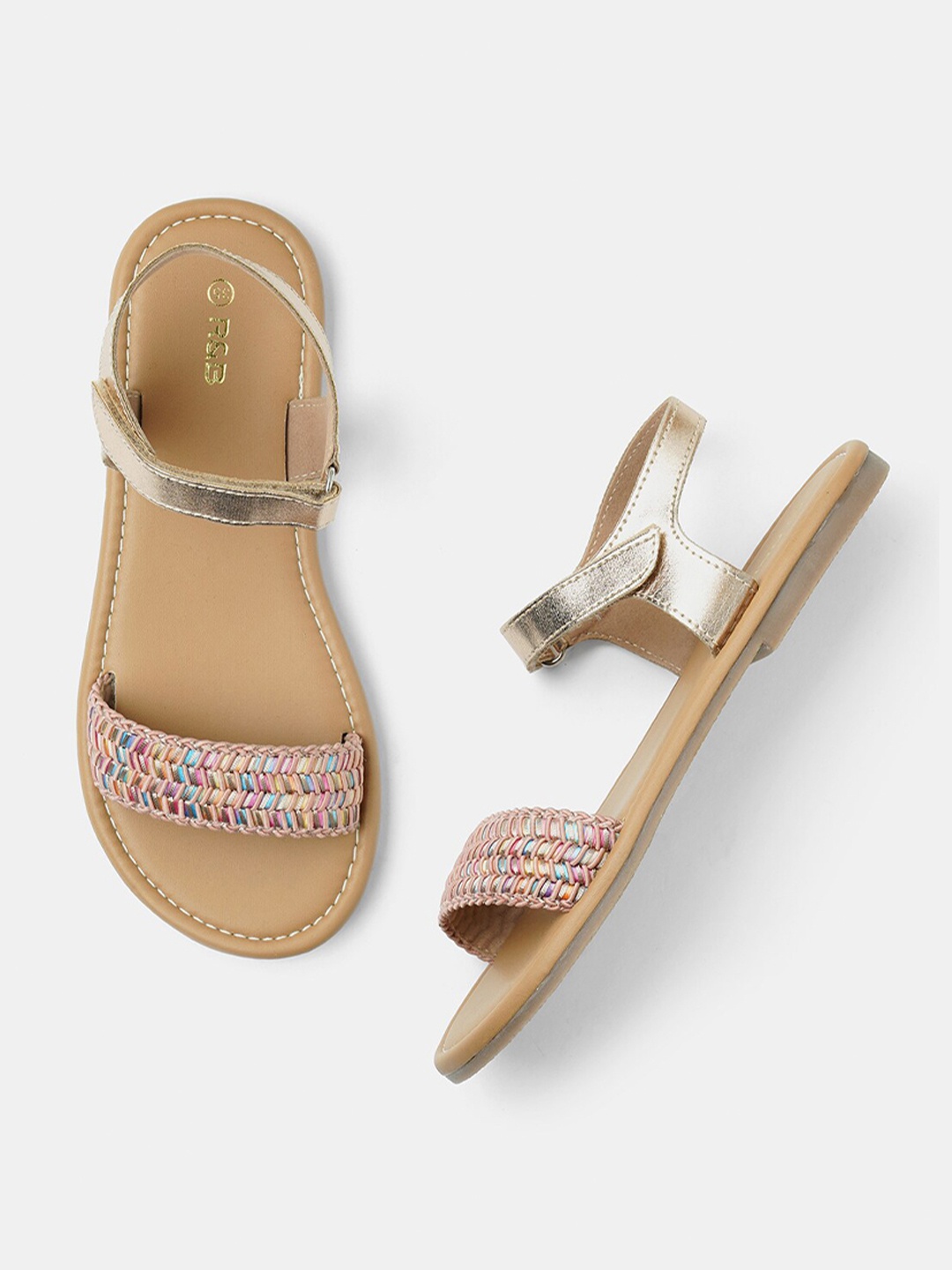 

R&B Girls Braided Open Toe Flats With Velcro Closure, Rose gold
