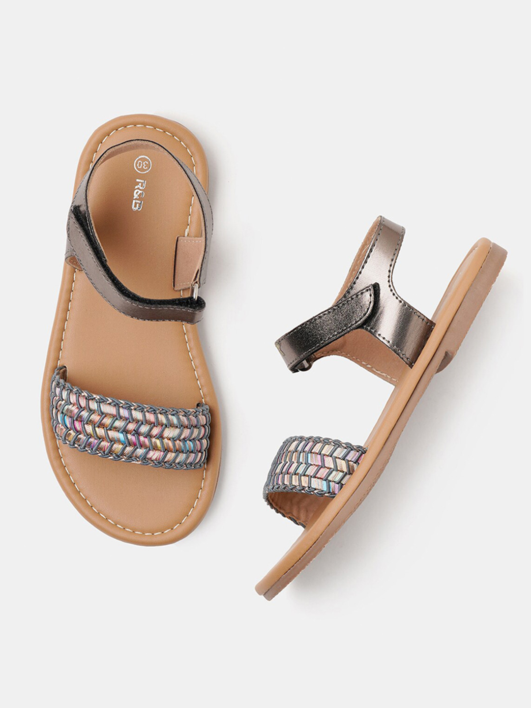 

R&B Girls Embellished Open Toe Flats With Backstrap, Grey