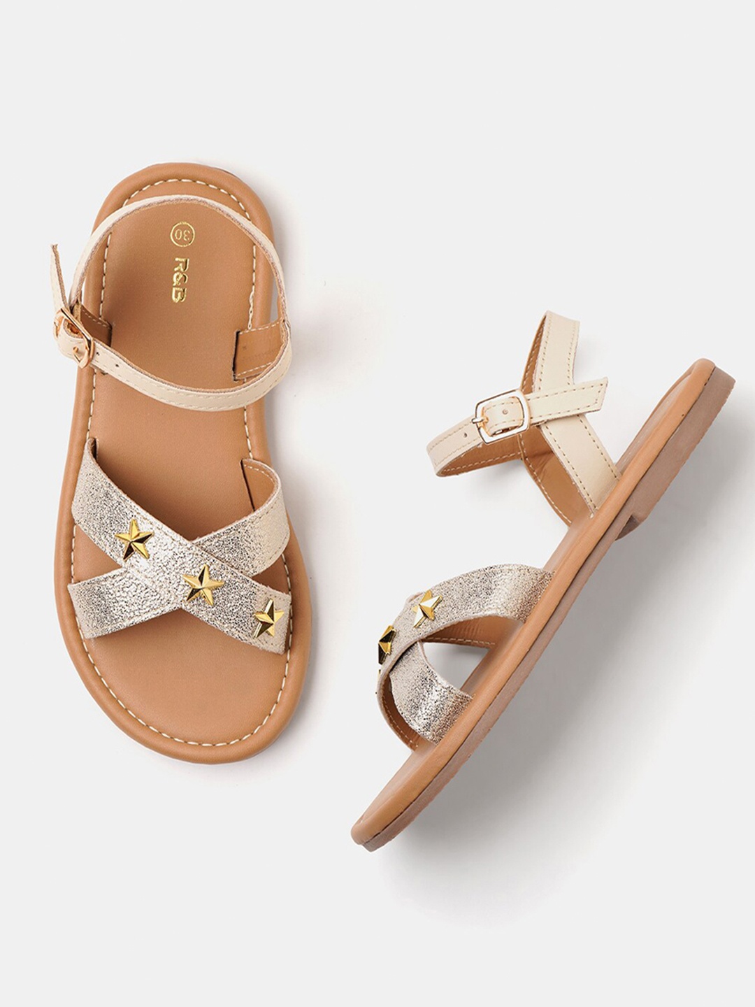 

R&B Girls Embellished Cross Strap Open Toe Flats With Buckle Closure, Gold