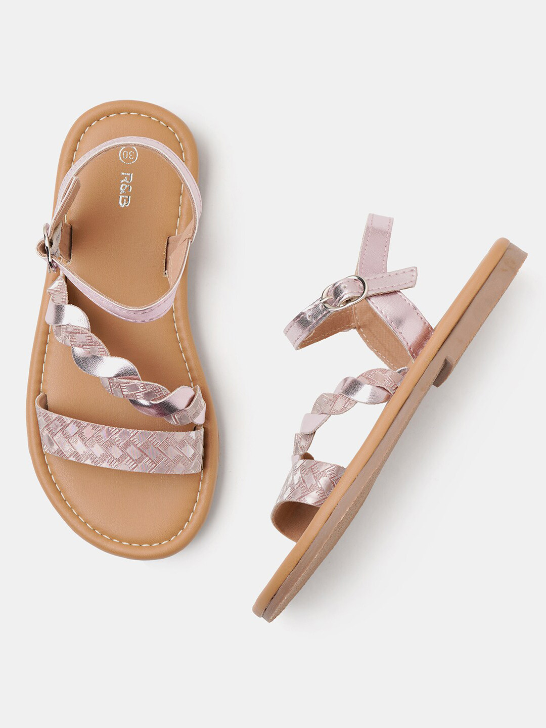 

R&B Girls Textured Party Open Toe Flats With Buckle Closure, Pink