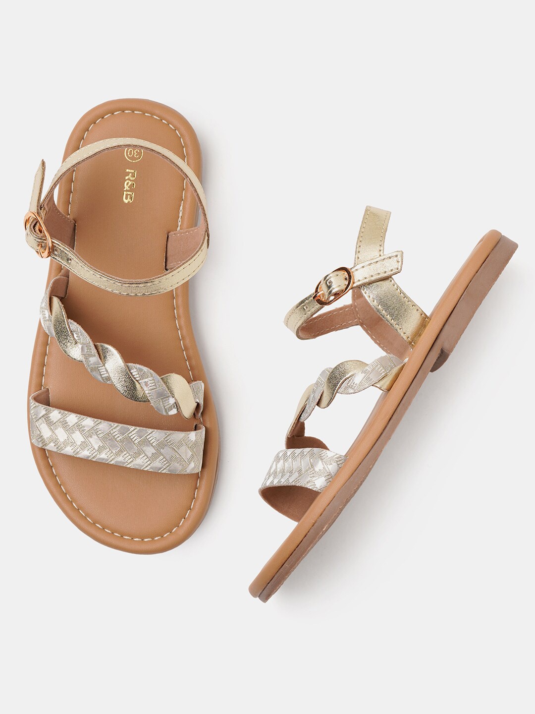 

R&B Girls Braided Open Toe Flats With Buckle Closure, Gold