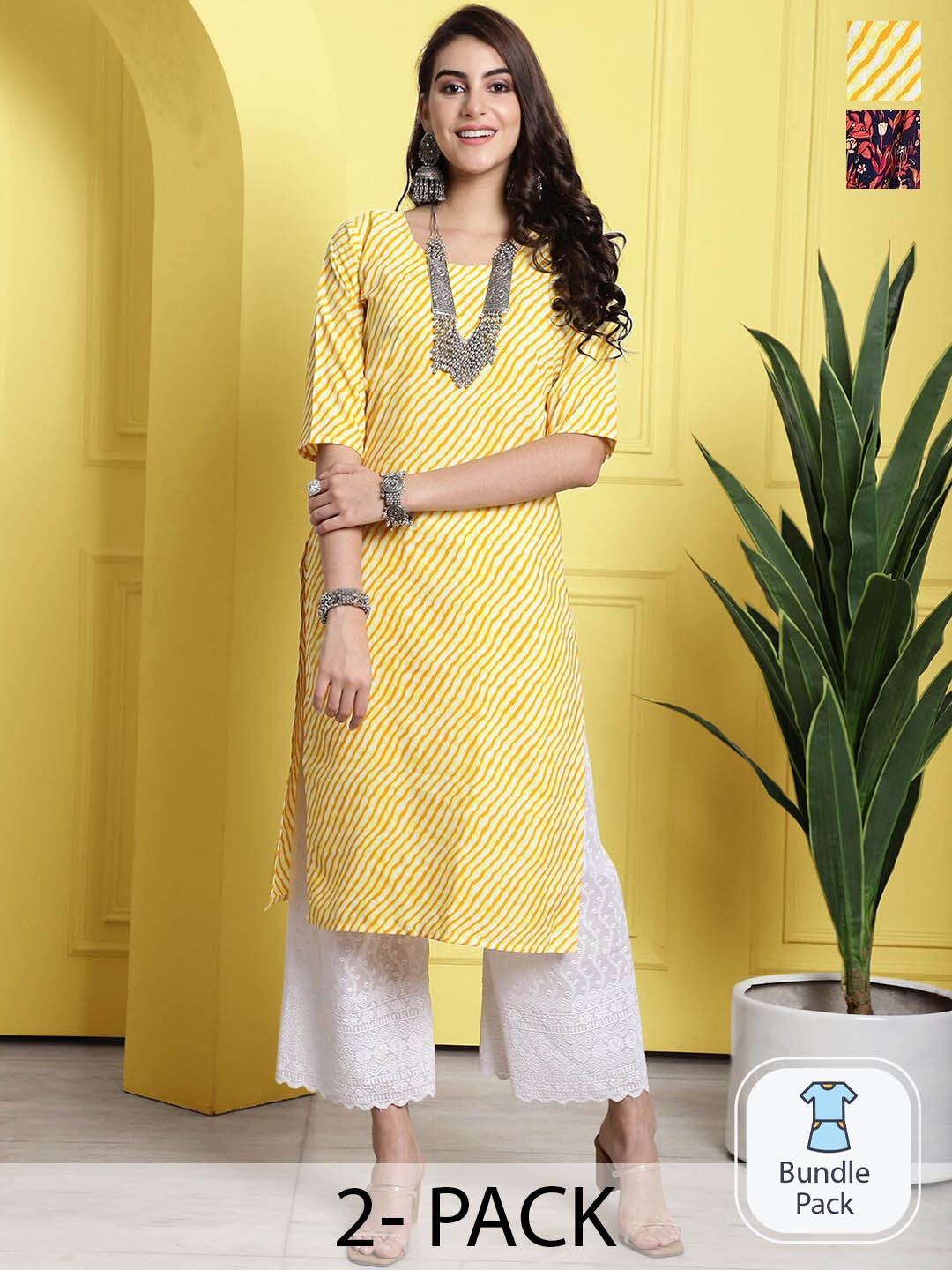 

7Threads Selection Of 2 Leheriya Printed Kurta, Yellow