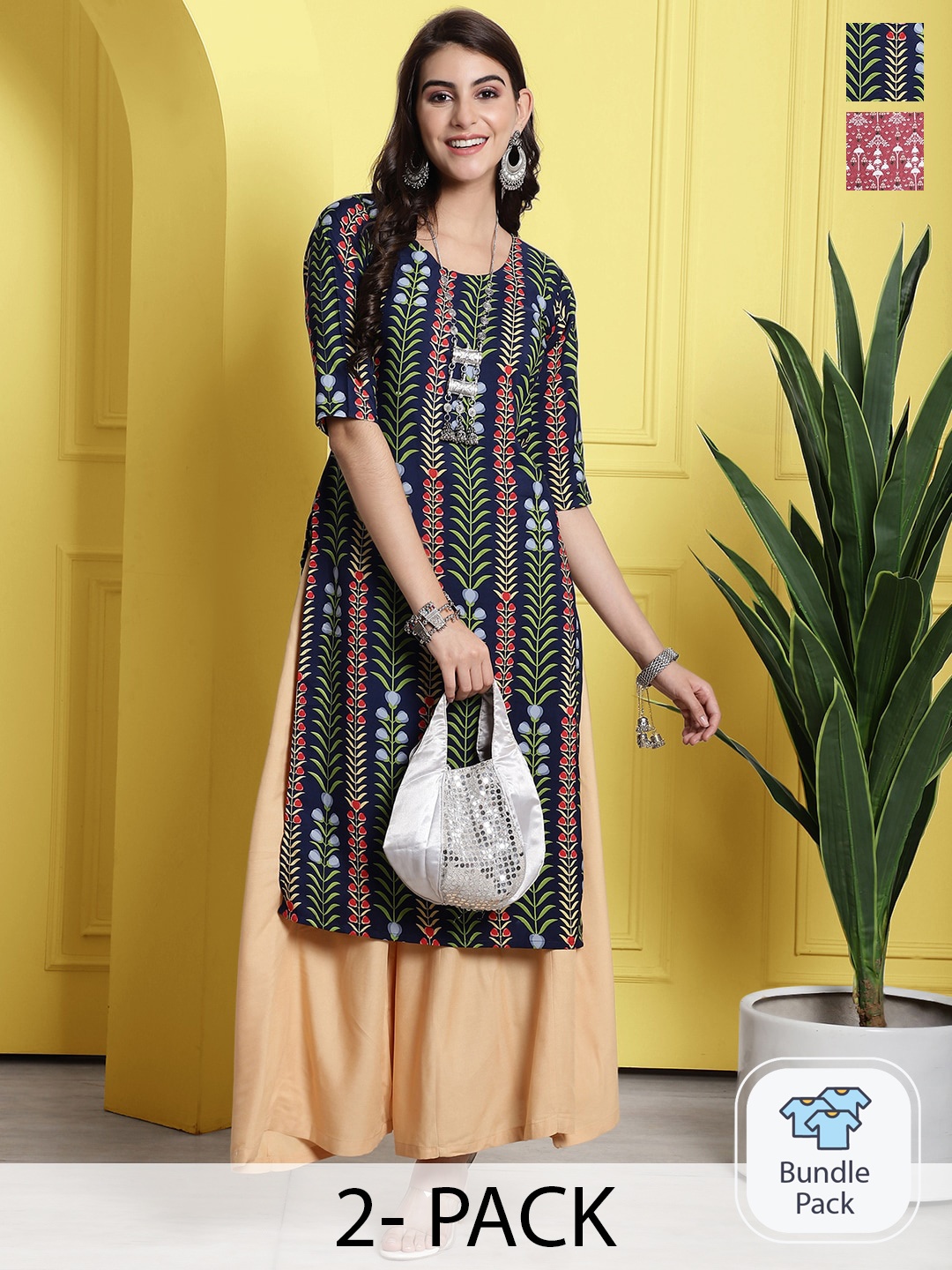 

7Threads Pack Of 2 Floral Printed Straight Kurta, Navy blue
