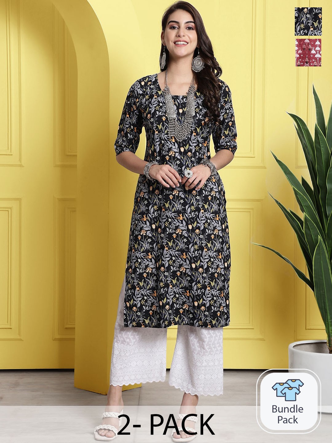 

7Threads Pack Of 2 Printed Round Neck Straight Kurtas, Black