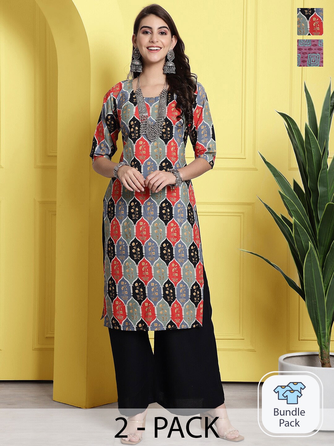 

7Threads Selection Of 2 Ethnic Motifs Printed Kurta, Grey